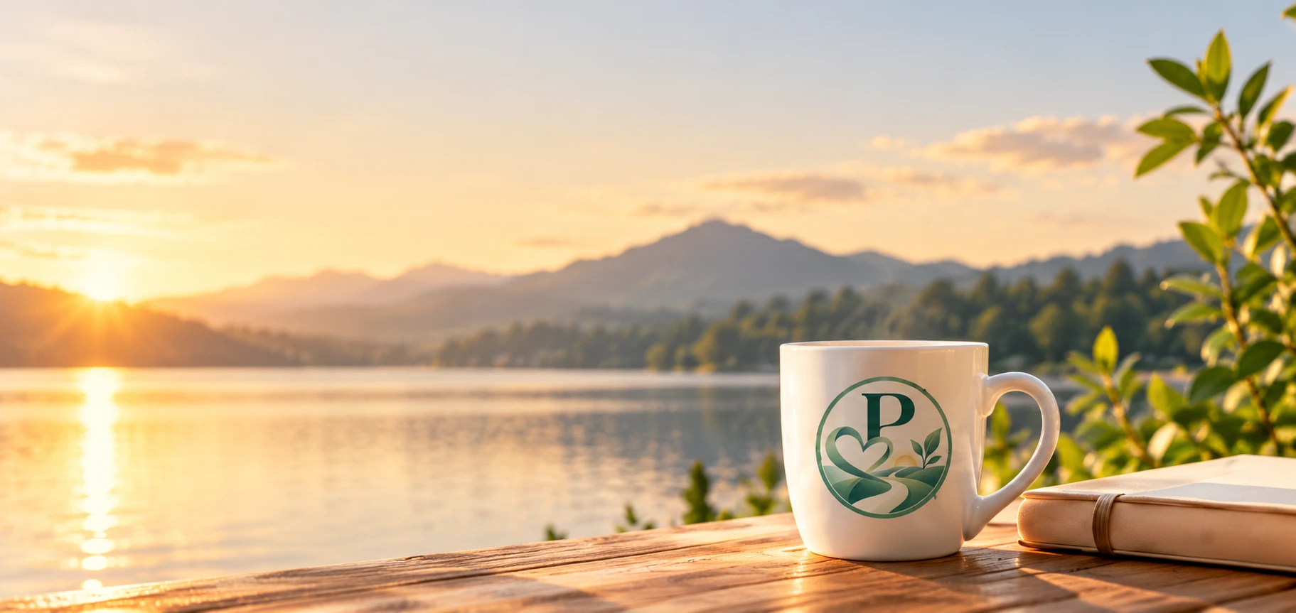 Paysage apaisant avec tasse PASSARA et carnet